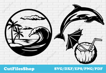 Load image into Gallery viewer, Vector images, wave svg, dolphin svg, cocktail svg, cnc plasma files, cricut vector images, palm svg, dxf images, scenery dxf files, home decor dxf
