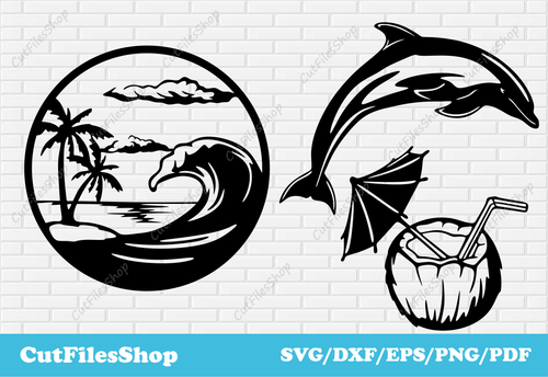 Vector images, wave svg, dolphin svg, cocktail svg, cnc plasma files, cricut vector images, palm svg, dxf images, scenery dxf files, home decor dxf