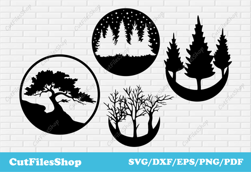 Trees decor Dxf files for laser cut, CNC plasma cutting, Craft files for cricut, CNC Metal cutting files, Home decor dxf free download, tree decor dxf, wood dxf, woodland dxf, free cnc files download, wall decor dxf for cnc, cutting decor dxf, free forest scene dxf, download craft files, cricut files free download