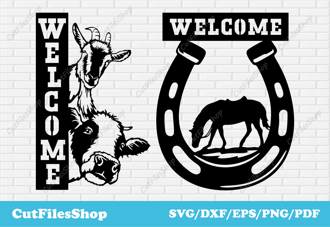 Welcome cutting files, dxf for laser, files for plasma cut, svg for cricut, CNC cut files, welcome dxf, farm animals dxf, cow dxf, horseshoe dxf, cutting machine files, welcome dxf for laser cutting