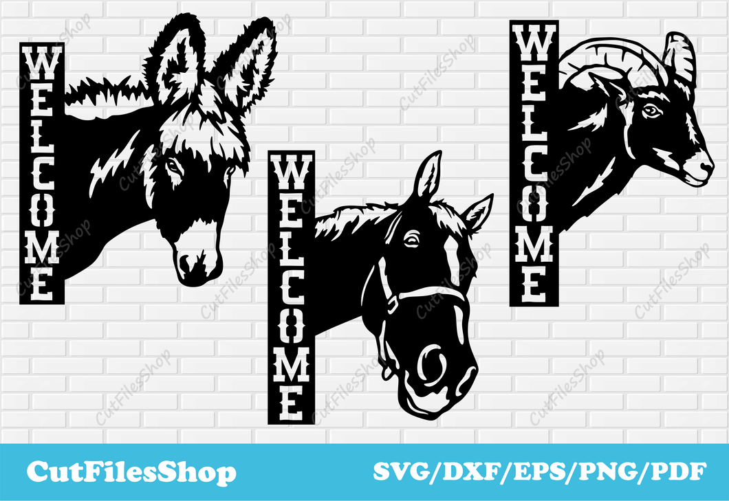 Animals welcome sign dxf for laser cutting, DXF for metal cutting, Farm decor making, CNC plasma cut files, Welcome Signs Dxf Files, farm welcome dxf, free download dxf welcome sign, horse welcome dxf, donkey welcome dxf, Welcome Sign Outdoor, Welcome Signs