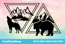 Load image into Gallery viewer, Wild Animals dxf for Laser cutting, geometric animals dxf, wildlife dxf cnc files for cutting, bear dxf files, wolf dxf, wall decor dxf for plasma cutting, vinyl cut, water jet cut files, mountains dxf for cut
