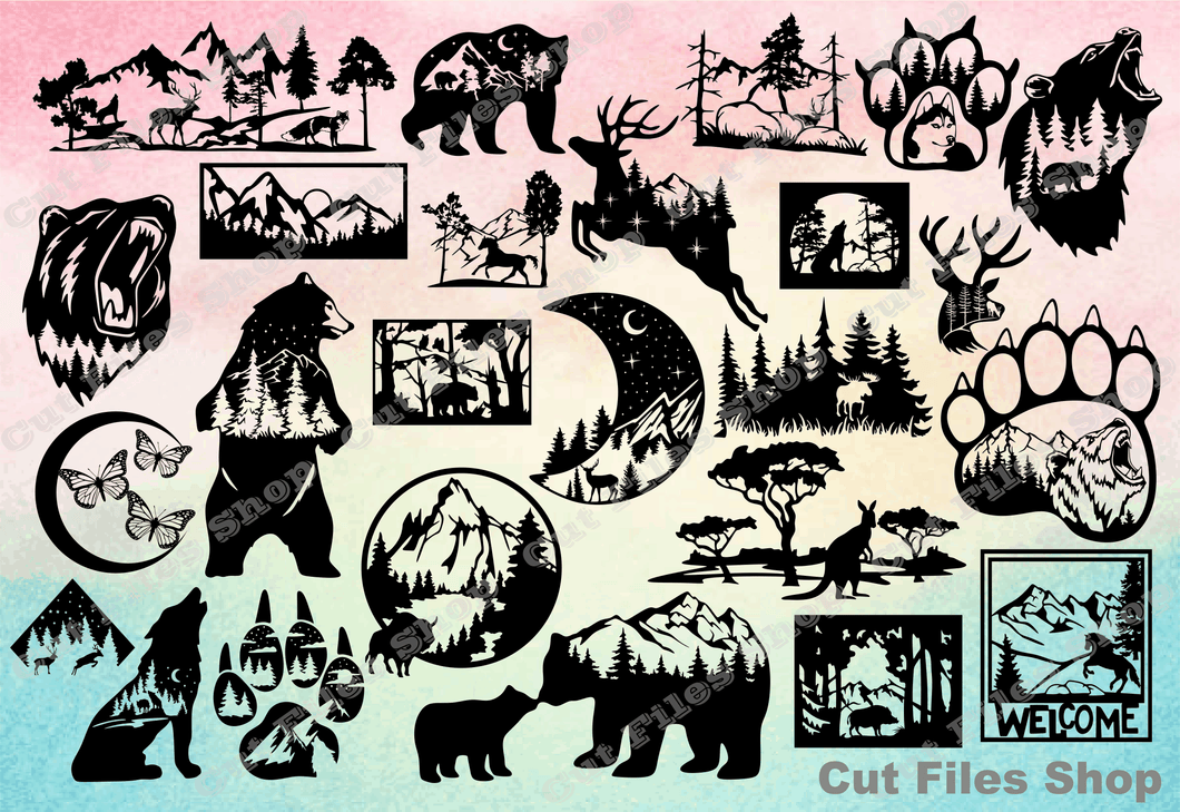 Wildlife svg, nature scene, animals silhouette, nature decor dxf, dxf for laser cutting