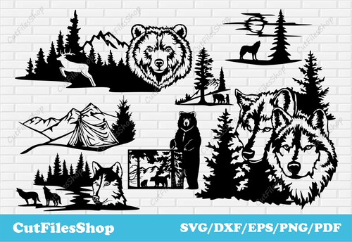 Wildlife scenes dxf, animals scenes dxf, wildlife scene svg for cricut, bears scenes dxf, wolf scenes dxf, deer scenes dxf, nature scenes dxf