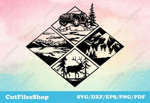 Wildlife scene svg cutting files, dxf files for silhouette, svg t-shirt designs, cut files shop