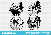 Load image into Gallery viewer, Wildlife scene dxf files for laser cut, wild animals dxf files for cricut, animals cut files for laser, bear dxf file, deer dxf file, moose dxf file, goat dxf file
