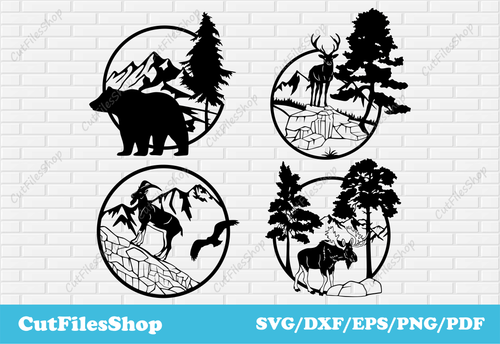 Wildlife scene dxf files for laser cut, wild animals dxf files for cricut, animals cut files for laser, bear dxf file, deer dxf file, moose dxf file, goat dxf file