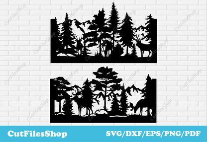 Wildlife scenes dxf for laser cutting, dxf for railing making, plasma cutting railing, animals scene dxf, Cut files shopsvg for cricut, Plasma cnc cutting files, deer scene dxf, animals panels dxf, moose scene dxf, nature panels dxf, Dxf files for CNC Plasma Cutting, Dxf for Laser cut, Dxf for cnc machines, Files for Decor making, railing dxf