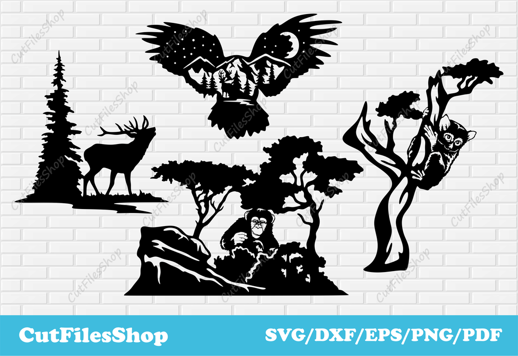 Wild animals scenes DXF for laser cutting, Svg for cricut, Plasma cnc cutting dxf, cnc files, monkey dxf svg, eagle dxf sbh for laser, deer scene dxf for plasma decor, Tarsius svg dxf, animals scenes dxf for laser, cricut designs svg, nature dxf for plasma, decor dxf for plasma, metal decor animals
