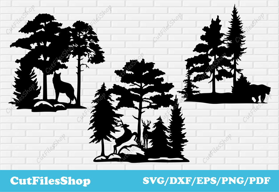 Nature scenes dxf for cnc laser cutting, CNC files for plasma, Animals scenes dxf, Cut Files Shop, wolf scene dxf for cricut, deer scene dxf svg for laser, plasma cutting dxf bear, forest dxf for cnc, wildlife scene dxf svg for cnc cutting