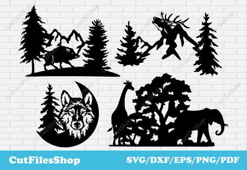 Wild animals dxf for laser cutting, SVG for cricut, Home decor making, Plasma dxf cut files, wall decor laser cut, vector file laser, glowforge cut files, digital download svg, nature clip art, wolf dxf, deer dxf, giraffe dxf, elephant dxf, boar dxf, wolf art vector