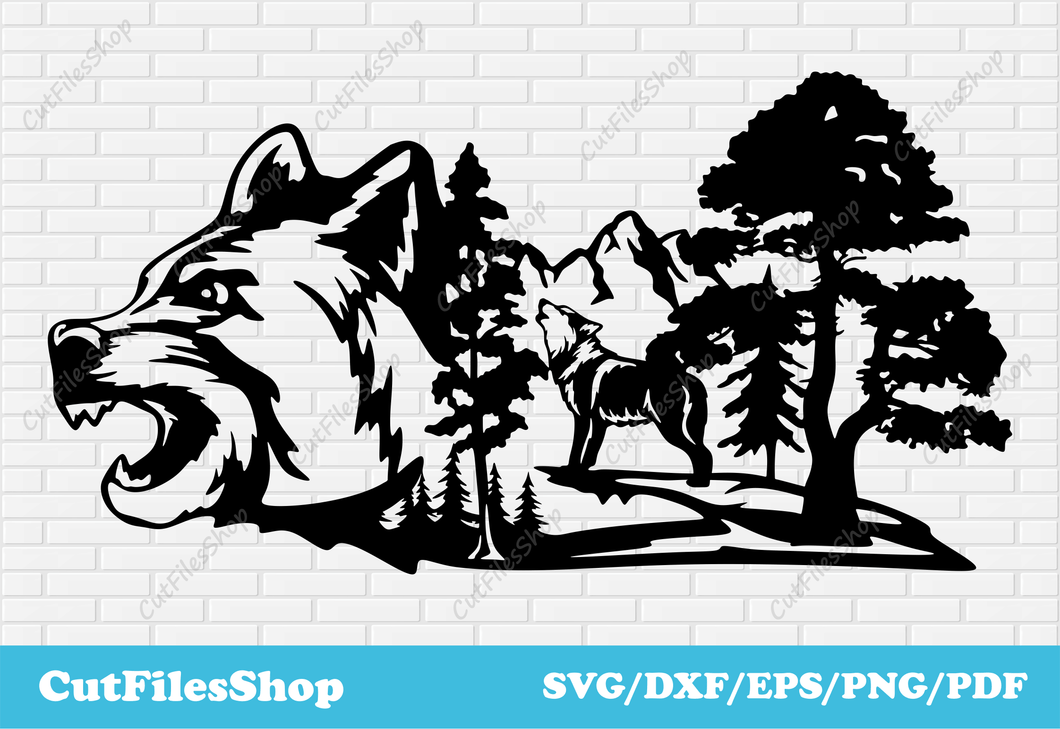 Wildlife scene dxf file for laser cutting, svg cut file for cricut, t shirt designs vector, vinyl cutting files, dxf files for plasma, animals dxf files, dxf for cnc, cut files, cnc files, svg cutting, bear dxf, wolf dxf, animals svg for cricut, forest dxf, decor dxf cut, mountains dxf for laser cut, nature scene dxf for cnc plasma cut, free dxf, download dxf