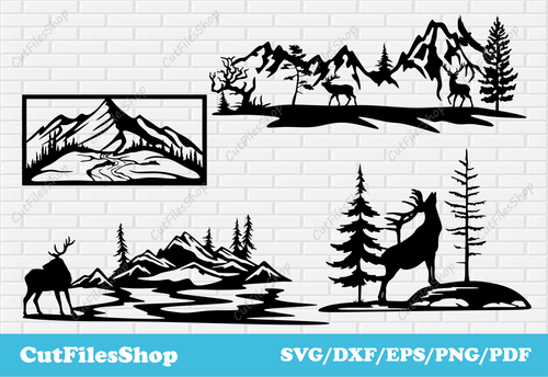 Animals scene dxf, wildlife scene dxf, cnc files for metal cutting, nature svg images, deer scene dxf, dxf images, CNC files for Cutting machines, DXF SVG files,  Ready Designs for Laser Cut, Collection Wildlife scenes dxf files, cut files shop, vector shop