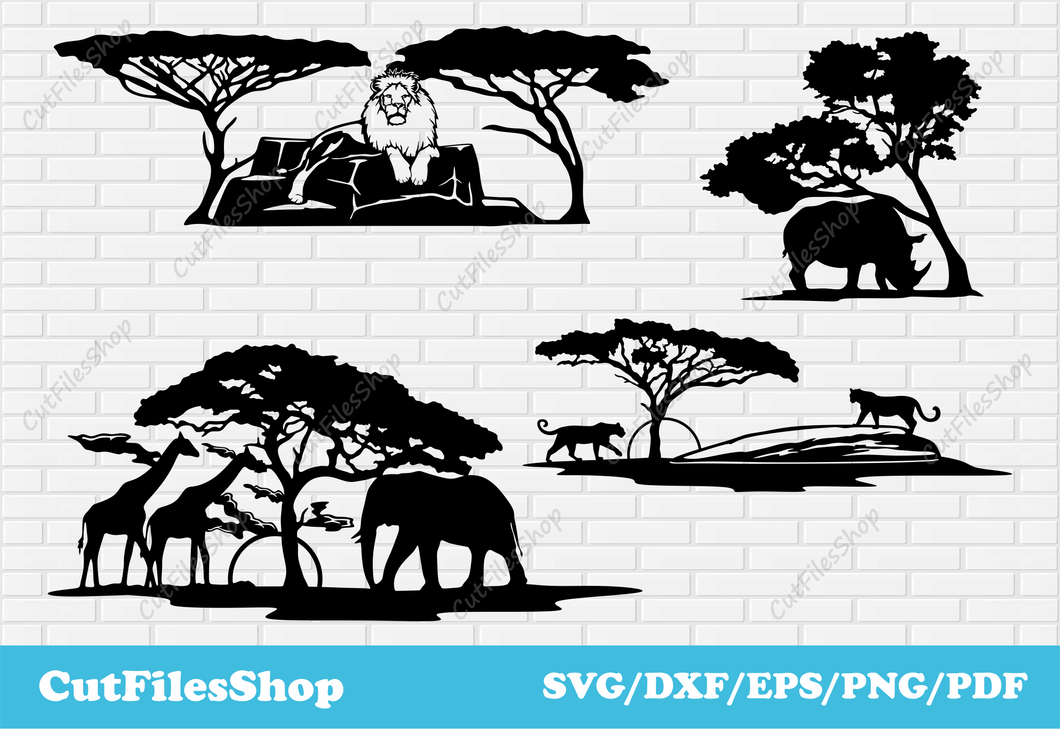 Wildlife scenes dxf, African animals dxf, nature svg image, DXF for CNC, Metal Cutting files, Clip Art vinyl plotter, CNC Plasma Cut, africa dxf files, lion scenes dxf, elephant scenes dxf, leopard scenes dxf, animals scenes dxf, rhinoceros scenes dxf, giraffe scenes dxf, cut files, dxf files