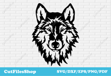 Load image into Gallery viewer, Wolf dxf for laser, Svg art for cricut, T-shirt designs, sublimation print, Print art, glowforge cut file, cricut designs svg, wolf art, wolf svg, wolf for shirt print, wolf dxf for laser, svg for clothes
