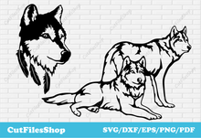 Load image into Gallery viewer, Wolf dxf files, wolf for cricut,  Scan N Cut Files, wolf silhouette, CNC dxf files, wolf cricut, wolf svg files, animals dxf files

