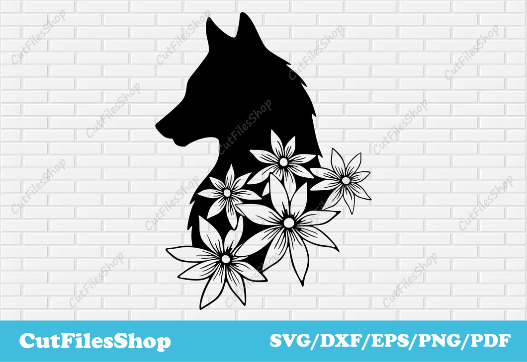 Wolf with flowers svg cut files for cricut, dxf for laser cutting, svg for shirts, cnc plasma cutting, Wolf flowers svg  for cricut, wolf art svg, dxf wolf for laser, Dxf for cnc metal cutting, Cut Files Shop, animals with flowers svg, vector flowers, wolf svg for shirts