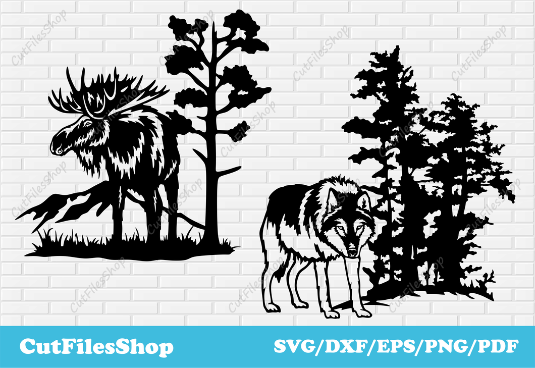 Wildlife scene dxf for laser cut, wall decor dxf, svg files for cricut, Silhouette cameo files, dxf for laser, wolf scene dxf, moose scene dxf, wildlife scene dxf, nature scene dxf, forest scene dxf, animals scene dxf, digital prints, svg for shirts