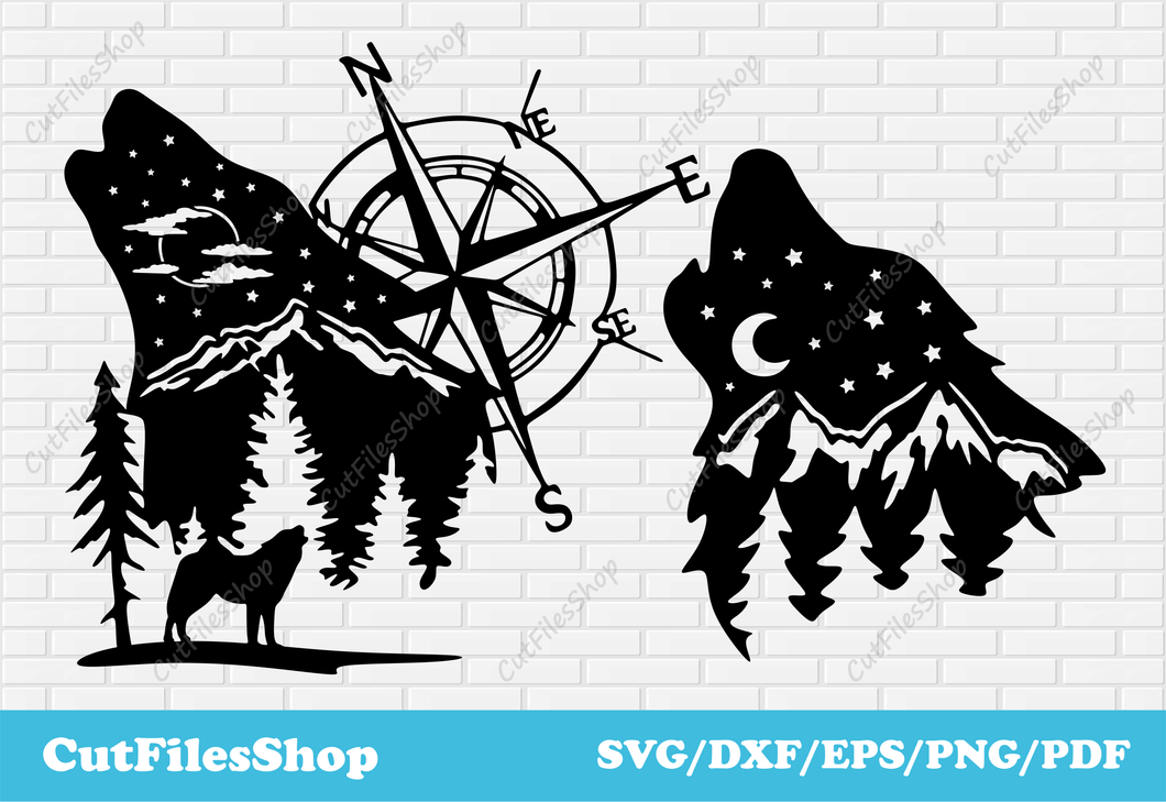 Wolf dxf cut files, vector cut files for laser, t shirt designs, dxf for plasma cutting, svg for cricut, wolf scene dxf, dxf cut files, svg cut files, cut files